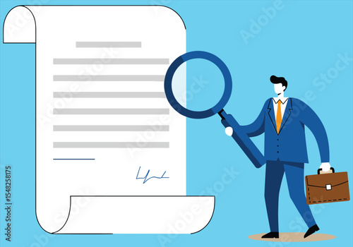 Detailed Legal Document Review by Professional Businessman, Magnifying Glass Scrutinizing Contract, Financial Agreement, and Important Business Papers for Accuracy, Compliance, and Signature