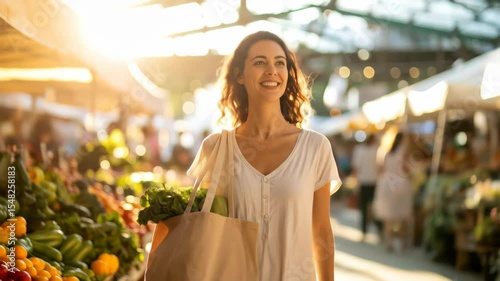 A woman smiles at an outdoor market Sunlight bathes fresh produce flowers and shoppers She carries a bag probably filled with local goods a perfect happy sunny scene
