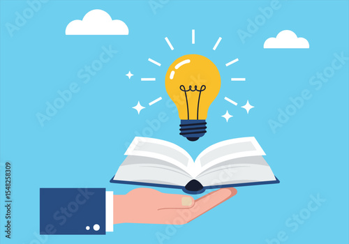 Unlock Your Potential: Hand Holding an Open Book with a Glowing Light Bulb, Symbolizing Education, Learning, Knowledge, Creativity, Inspiration, and Innovative Ideas for Success and Growth.