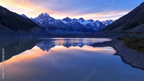 Breathtaking View of Mountains Reflected in Lake at Sunrise New Zealand
