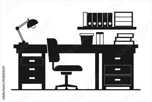 Office Desk with Drawers and Chair Silhouette - Workspace Silhouette Vector