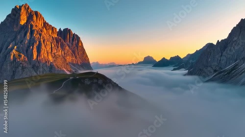 Majestic Mountain Peaks Emerging from Sea of Clouds at Golden Sunrise