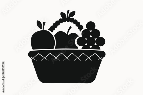 Fresh Fruit Basket Icon Black and White Illustration of Apples, Grapes, and Oranges