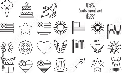 Fourth Of July Icons Collection American Flag Eagle Fireworks Cake Balloons Stars Hearts Gift Uncle Sams Hat 2
