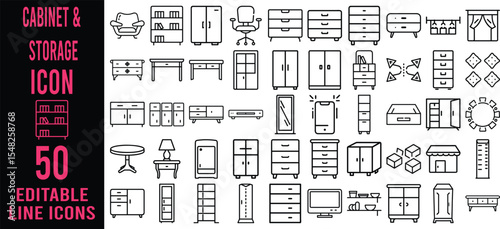 Comprehensive Filing & Storage Solutions Icons Bundle: Modern Thin Line Vector Graphics for Office Cabinets, Drawers, and Archival Systems.