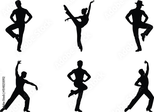 Dancing Silhouette Bundle, Dynamic Dancing Couple Vector Art and White Background. Hip hop dancers illustration.