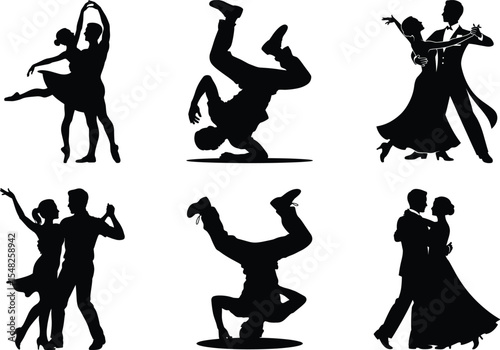 Dancing Silhouette Bundle, Dynamic Dancing Couple Vector Art and White Background. Hip hop dancers illustration.