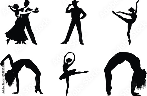 Dancing Silhouette Bundle, Dynamic Dancing Couple Vector Art and White Background. Hip hop dancers illustration.