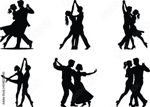 Dancing Silhouette Bundle, Dynamic Dancing Couple Vector Art and White Background. Hip hop dancers illustration.