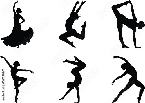 Dancing Silhouette Bundle, Dynamic Dancing Couple Vector Art and White Background. Hip hop dancers illustration.
