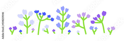 Petite meadow flowers in soft colors isolated on white background. Floral summer field elements. Horizontal banner template.