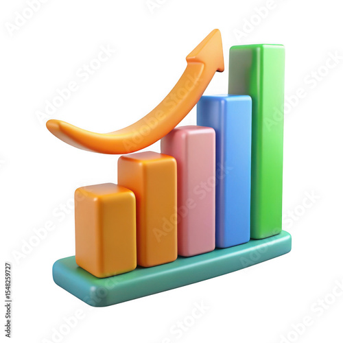 3d rendered ascending bar graph with curving arrow