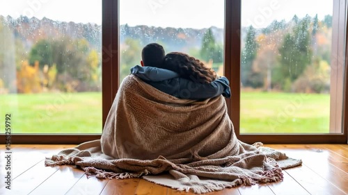 A couple embraces warmly wrapped in a blanket looking out a large window An autumnal landscape stretches outside fostering feelings of togetherness and quiet comfort