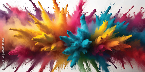 Colorful holi powder on white background. Colorful vibrant rainbow holi paint color powder explosion with bright colors isolated white background. colorful mixed rainbow powder explosion,
