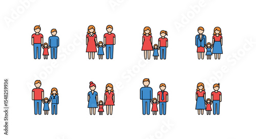 Family illustration vector set of parents and children in various combinations and relationships icons 100