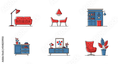Modern home interior design furniture set with sofa chairs lamp bookcase and decor vector illustration