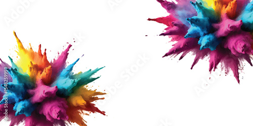 Colorful holi powder on white background. Colorful vibrant rainbow holi paint color powder explosion with bright colors isolated white background. colorful mixed rainbow powder explosion,
