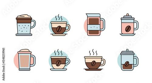 Collection of different types of coffee drinks vector illustration, espresso, latte, cappuccino, mocha, brew