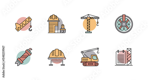 Construction equipment and safety gear vector icons set for building industry and engineering projects design