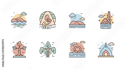 Nature landscape vector illustration set with trees mountains lake and clouds for graphic design assets