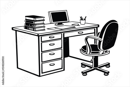 Office Desk with Drawers and Chair Silhouette - Workspace Silhouette Vector