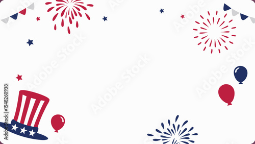 Festive patriotic background with fireworks, balloons, hat, and bunting decorations for celebration