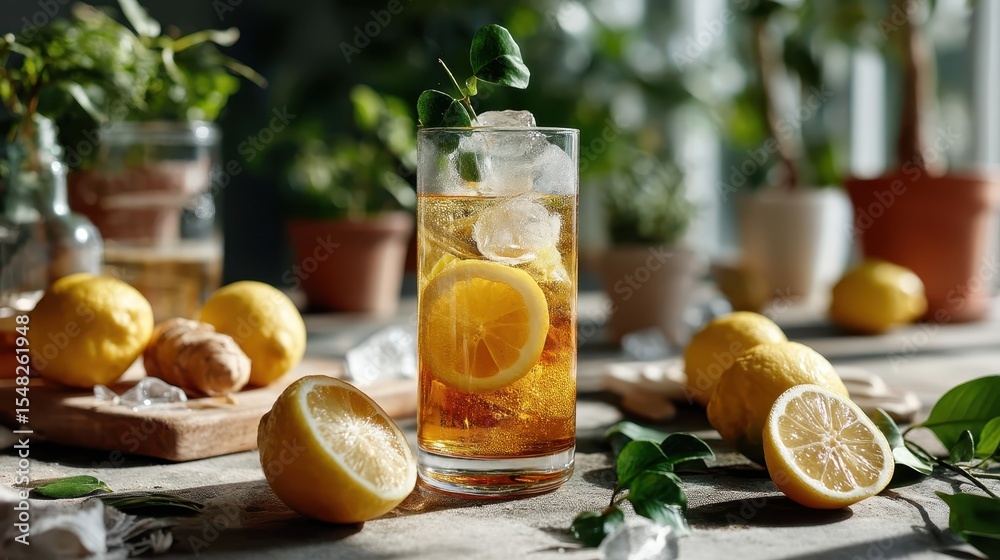 Fototapeta premium A refreshing glass of lemon drink with slices and fresh leaves set against a soft, natural background, perfect for conveying freshness and tranquility in culinary or lifestyle photography.