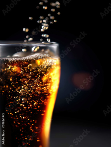 Bubbles rising in a refreshing glass of dark soda against a black background