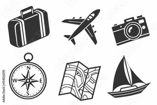 Travel symbols for suitcase airplane camera compass map and sailboat