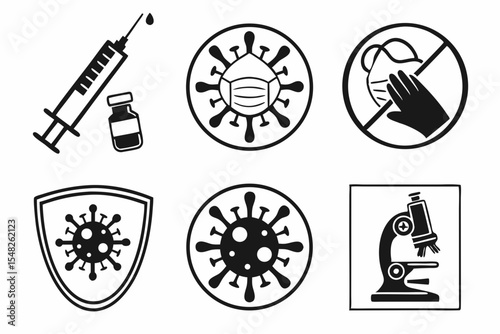 Medical symbols for vaccine mask virus microscope and protection