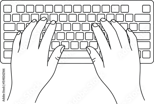 Typing Hands on Keyboard Coloring Page, Educational Computer Skills Worksheet.