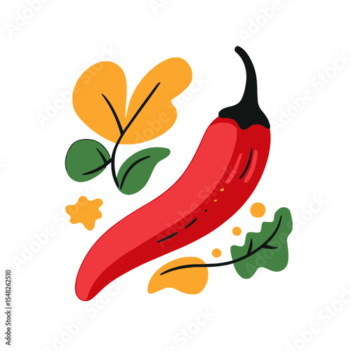 Red chili pepper with green and yellow leaves decorative elements isolated on white background vector illustration flat minimalist style for cooking and food design