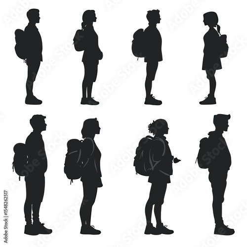 Silhouettes diverse men women standing side view with backpacks casual outdoor activity flat minimalist vector illustration black on white background