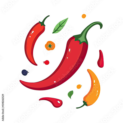 Bright red and orange chili peppers with small colorful berries and green leaves isolated on white background flat minimalist vector illustration for cooking and food design elements