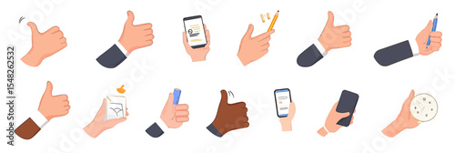 Flat minimalist vector set of diverse hands with thumbs up, holding smartphone, pen, envelope, clock, and making gestures for business communication and approval concepts