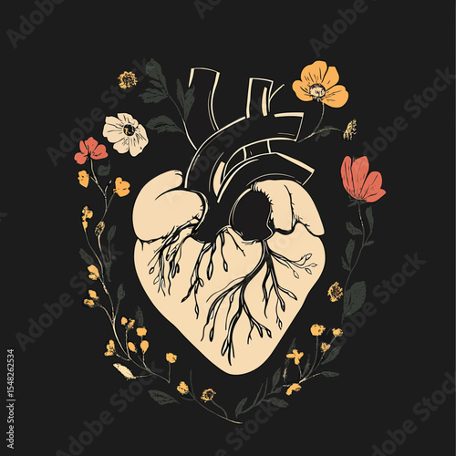 Illustration of anatomical heart with detailed arteries surrounded by colorful hand drawn flowers and leaves on black background vector design
