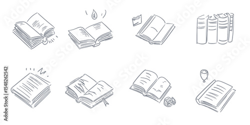 Hand drawn doodle books collection including open book, book with bookmark, book stack, and book with dice and balloon icons in minimalist line style vector illustration