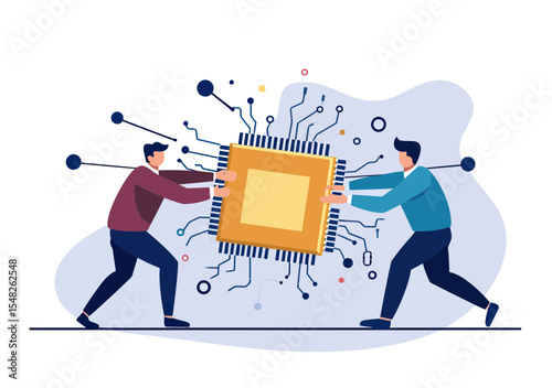 Businessmen competing for large computer chip with electronic circuit connections technology struggle concept illustration in flat vector style, supply chain conflict