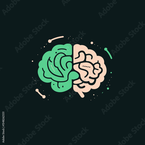 Minimalist flat vector illustration of human brain with green and beige hemispheres surrounded by abstract digital elements on black background