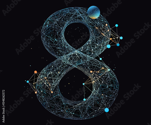 Abstract digital number eight formed by interconnected blue wireframe lines and nodes with planetary shapes and glowing stars in dark space background futuristic technology concept vector illustration