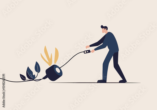 Man unplugging electrical plug with growing leaves plant symbolizing energy saving eco friendly power conservation and sustainability concept minimalist vector illustration
