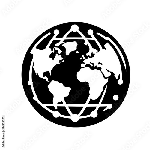 Black and white flat minimalist globe icon with network connectivity lines and dots representing global communication and internet connections vector illustration