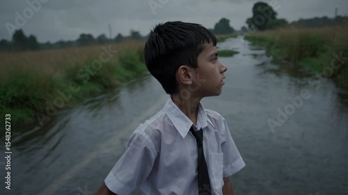 Young student wearing a wet white shirt and tie stands near a river during monsoon season, looking down with an expression of sadness and loneliness, reflecting on life's challenges
