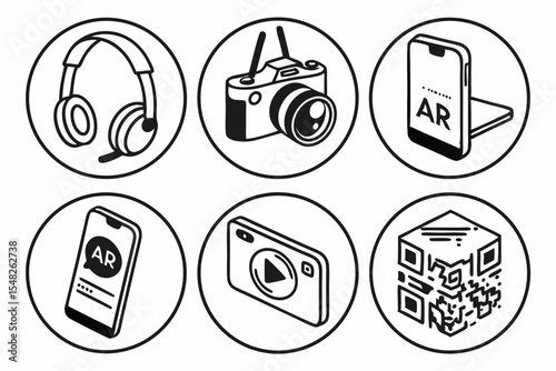 Headphones camera and phone for augmented reality isolated on white