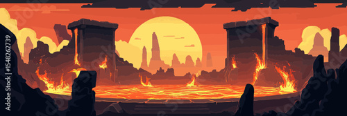 Fiery battle arena with lava pit flames volcanic rocks and dark towering pillars under dramatic sunset sky in flat minimalist style vector illustration