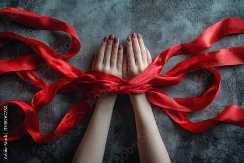 Captivating red ribbons artistically entwined around hands against a textured gray background, showcasing a striking contrast and a sense of elegance