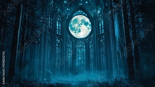 A captivating moonlit scene in a gothic cathedral interior with ornate stained glass windows, set among towering trees. The full moon glows brightly.