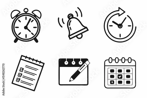 Alarm clock bell and calendar for reminders isolated on white