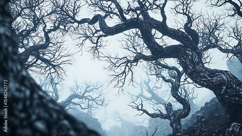 Mysterious forest scene with fog shrouding the bare trees, creating an atmospheric and slightly eerie feeling