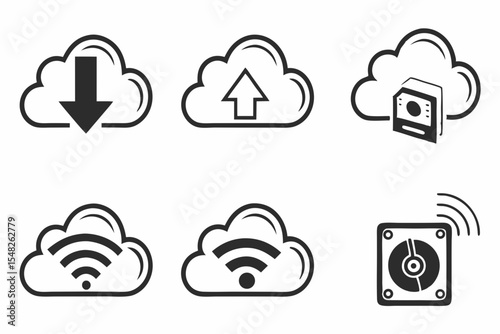 Cloud computing icons showing download upload server and wifi symbols